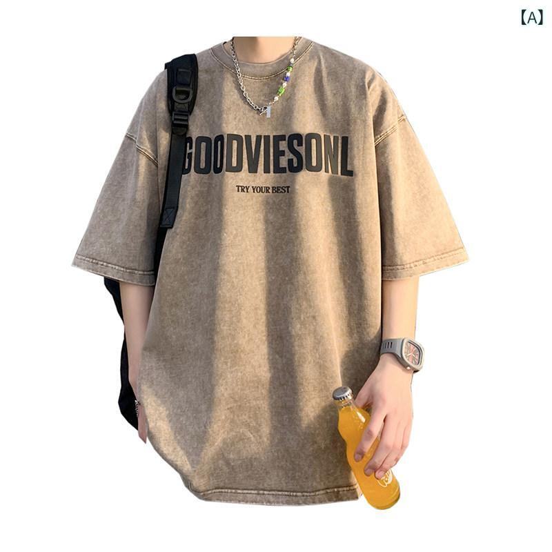 プルオーバー メンズ セットアップ ウォッシュ 産業と 不都合 産業を 施した ラウンドのど首の 心地よい 半袖 メンズ 炎節 プルオーバー。 デニムと 合わせた 春夏の メンズ背広。