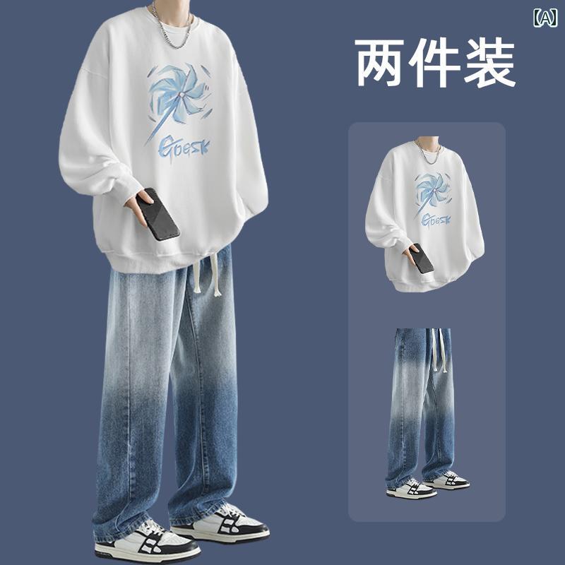 Tシャツ　メンズ　セットアップ Wassup ハッピー カジュアル スーツ メンズ 春秋 ラウンドネック トレーナー クールで グラデーション ジーンズ 付き 2点 セット