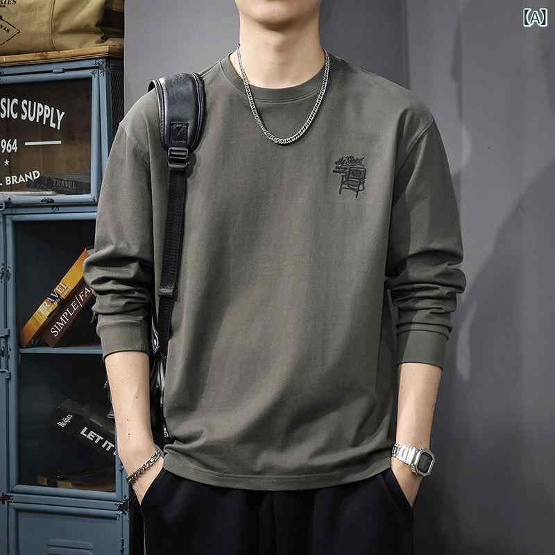 Tシャツ　メンズ　セットアップ 2025年 ラウンドネック インナー 長袖 Tシャツ メンズ 薄手 ゆったり 刺繍入り レイヤリング シャツ トップス