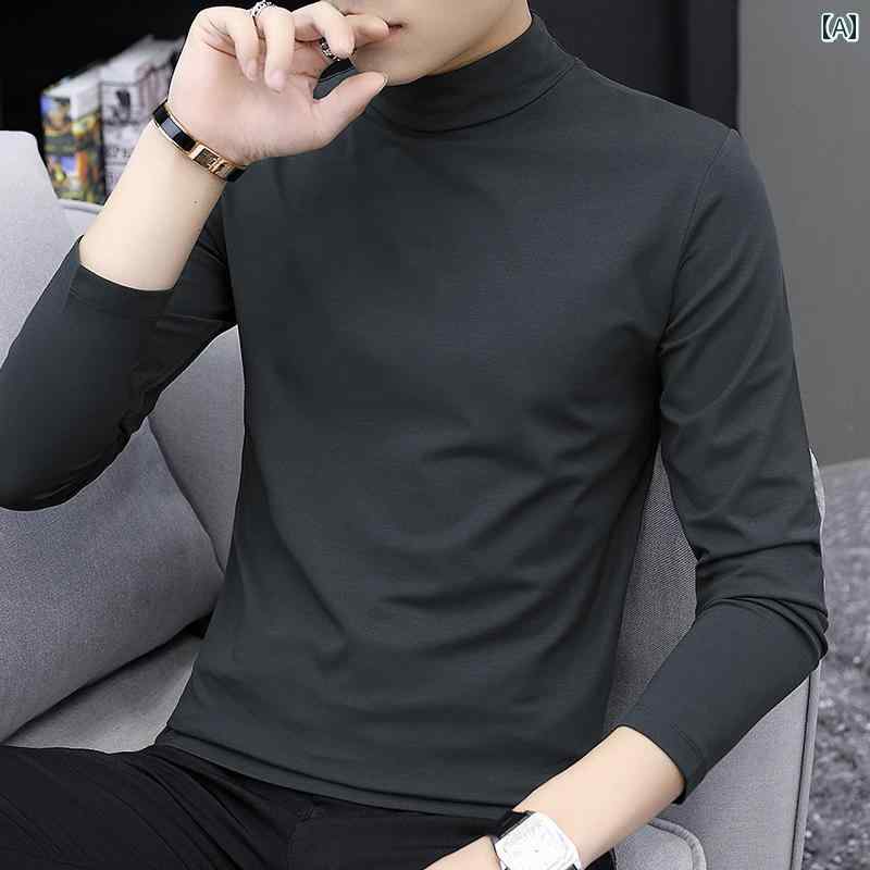 Tシャツ　メンズ　セットアップ モダール メンズ ハーフ ハイネック レイヤリング シャツ 春秋 無地 長袖 Tシャツ 綿 インナー 薄手 トップス