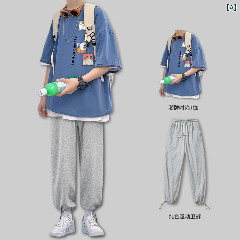 Tシャツ　メンズ　セットアップ 半袖 Tシャツ メンズ ゆったり ネットな メンズ 服 セット カジュアル パンツ 付きな 夏 スーツ