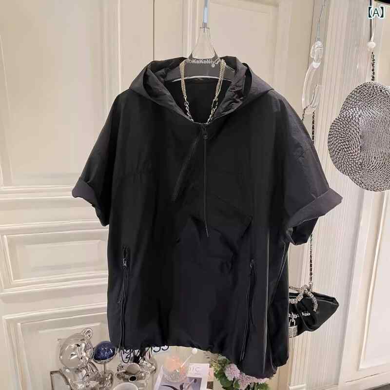 Tシャツ メンズ セットアップ ファッション フード付き 作業着 半袖 Tシャツ メンズ 大きいサイズ ハーフ ジップ 夏 薄手 ゆったり ストリート ジャケット|みやショップ店