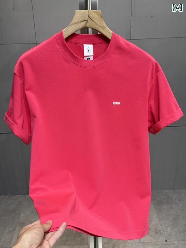 メンズ　Tシャツ　セットアップ ファッション ローズレッド 半袖 Tシャツ メンズ 2025 夏の ハイエンド ラウンドネック トップ