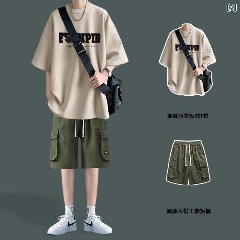 メンズ　Tシャツ　セットアップ メンズ 半袖 Tシャツ 夏 ゆったり ボーイズ 服 ワーク ショーツで クールな 衣装 スーツ
