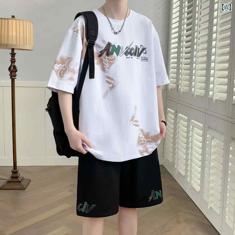 メンズ　Tシャツ　セットアップ 中学 高校の 男子用 夏用 コットン 半袖 Tシャツ ショート パンツ スポーツ スーツ セット