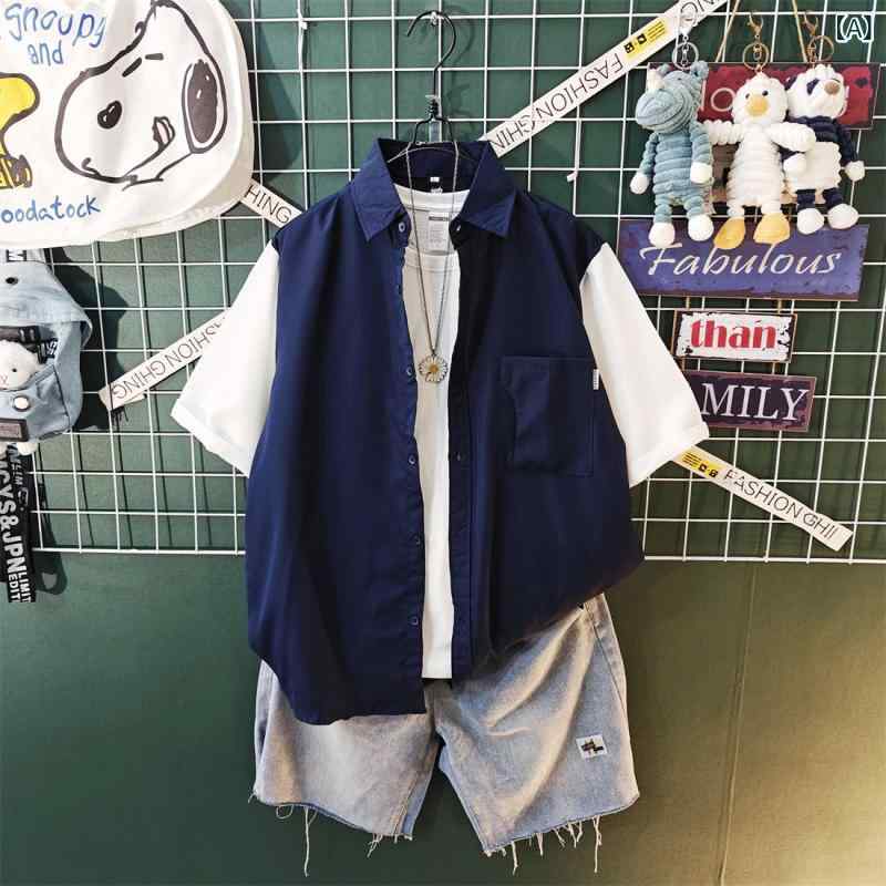 メンズ　Tシャツ　セットアップ の な ワークシャツ メンズ 半袖 ハイエンド ティーンエイジャー アメリカン レトロ シャツ スーツ 男性
