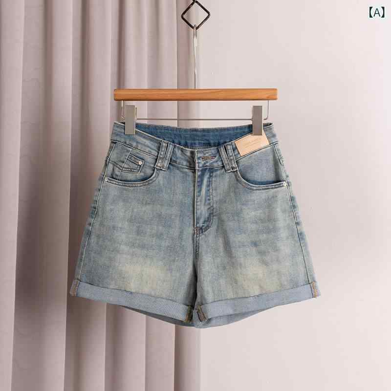 デニム　ショートパンツ　メンズ 95175 ジンズ 折り返し 付き デニムショートパンツ レディース ゆったり 伸縮性 大きいサイズ スリム レトロ グリーン 夏 薄手 太め mm ホット パンツ