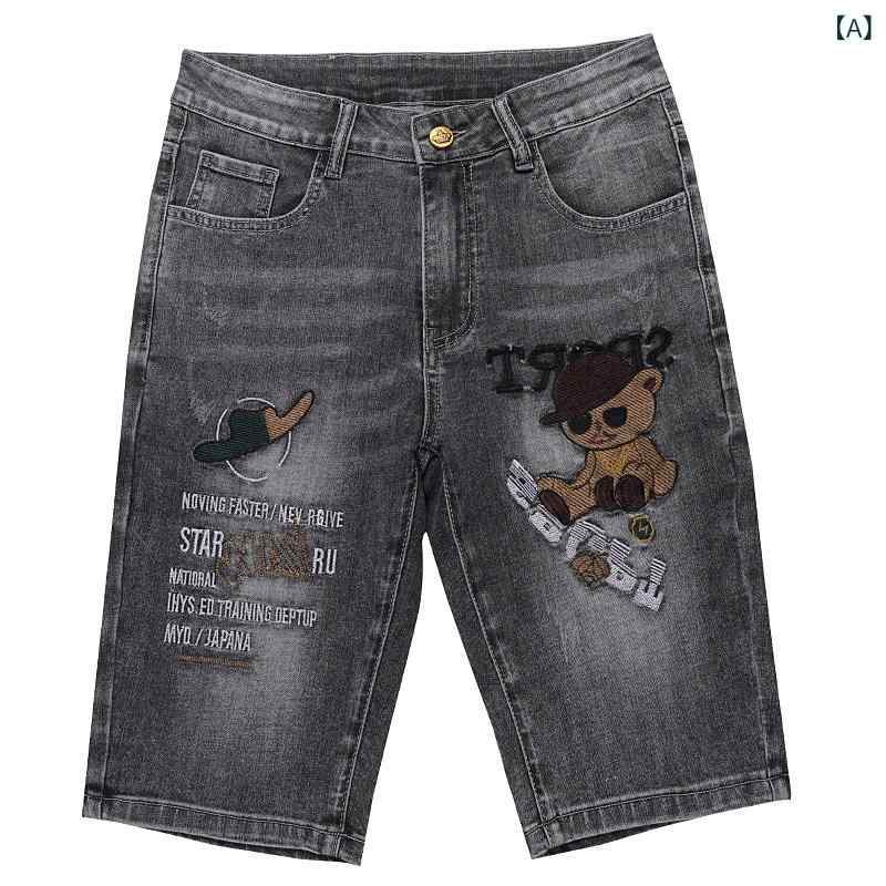 デニム　ショートパンツ　メンズ の メンズ デニムショートパンツ 夏 薄手 ゆったり 5点 パンツ 刺繍 韓国 伸縮性 スリム ズボン