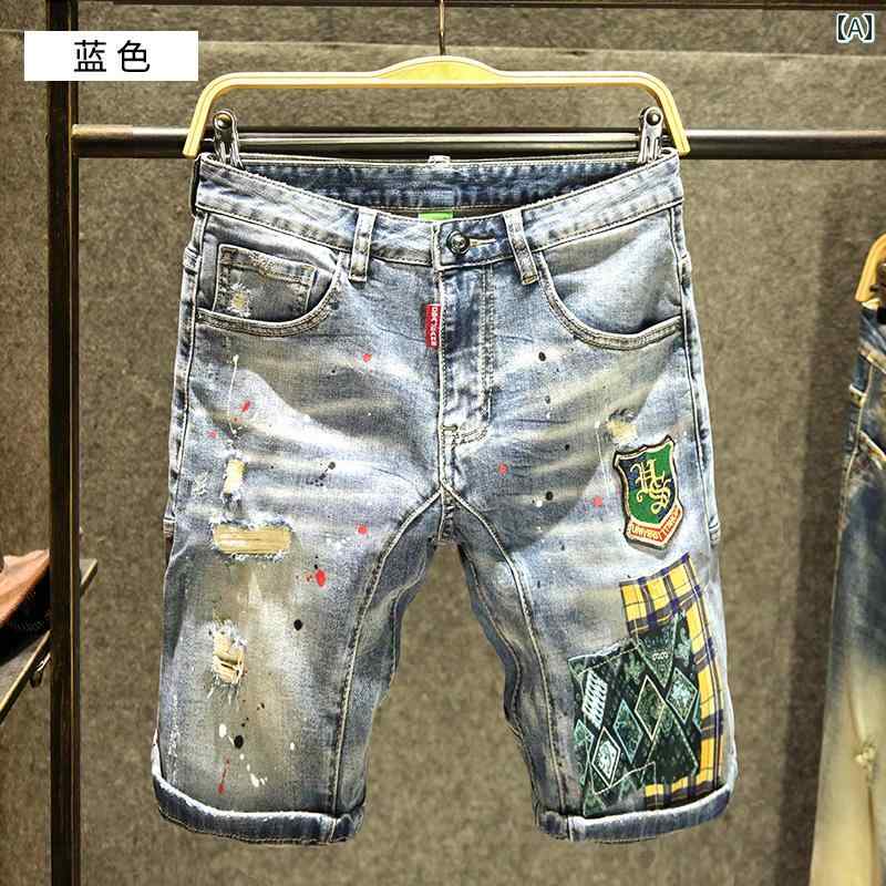 デニム　ショートパンツ　メンズ メンズ リップ ド デニムショーツ 2024 夏 薄手 スリムフィットな イン 5 点 ミディアム パンツ ストレッチ 韓国 スプライシング