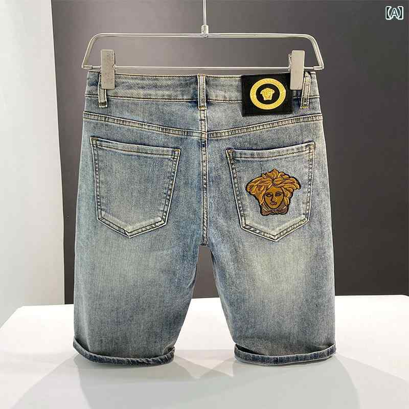 デニム　ショートパンツ　メンズ 高級 品 ライト ブルー デニムショートパンツ メンズ 刺繍 スリムフィット 快適 万能 ショート パンツ 伸縮性 ハーフ