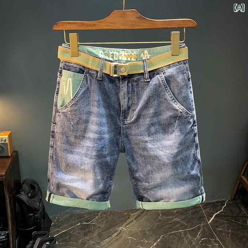 ジーンズ 遊撃手ズボン下 メンズ 夏用 ロールエッジ メンズ デニムショートパンツ 薄っぺら か細い 引っ切りないの 真っただ中 丈 ズボン下 三尺帯バックル 青碧 遊撃手