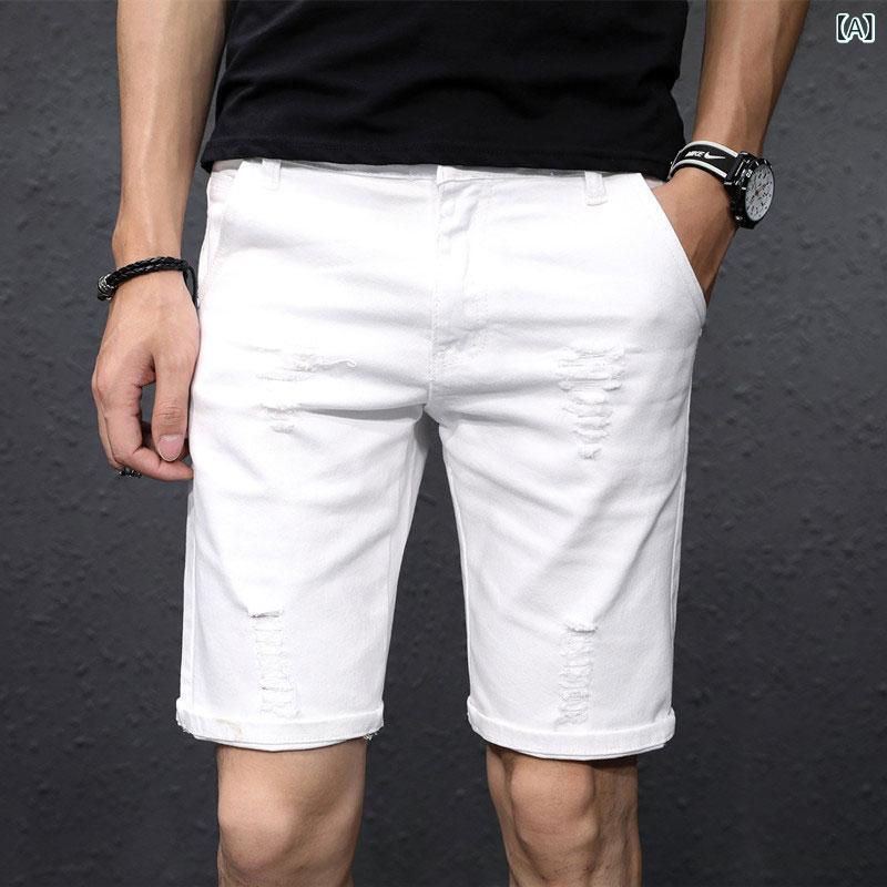 デニム　ショートパンツ　メンズ メンズ 夏の 白い リップ ド デニムショートパンツ 韓国な ゆったり 伸縮性の ある 5点 カジュアル ジョッパーズ。