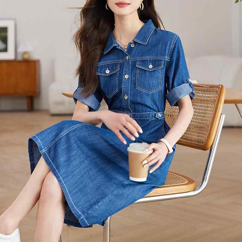 ワンピース 女性用 デニム シャツワンピース レトロ カジュアル ウエストシェイプ スリムシルエット 上品 高級感 夏 伸縮性 軽量
