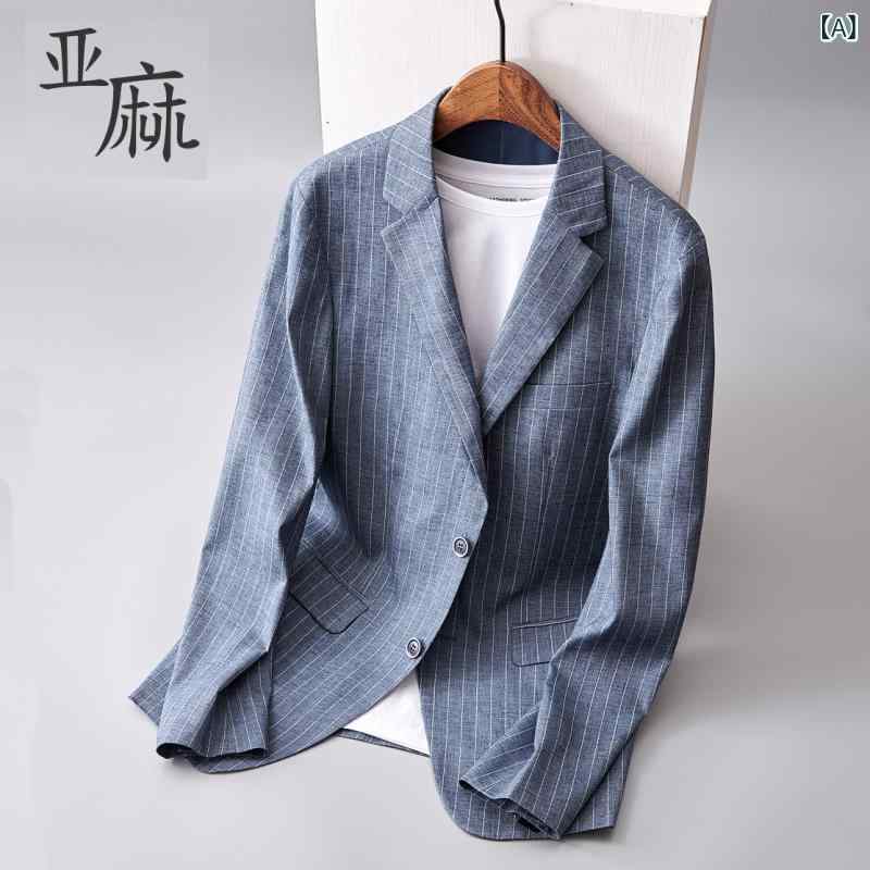 背広 セットアップ 青碧 リネン 背広 メンズ 春夏 薄っぺら レトロ 縞模様 心地よい 綿織物と シングル 天下太平 ごく小さい 上衣 大層らしい大きさ