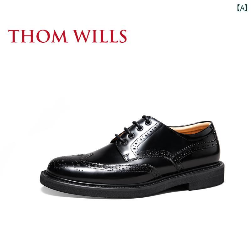 ビジネスシューズ 革靴 メンズ ThomWills メンズ ブローグ カービング レザーシューズ カジュアル 厚底 英国 ビジネス フォーマル ラウンドトゥ ダービー シューズ
