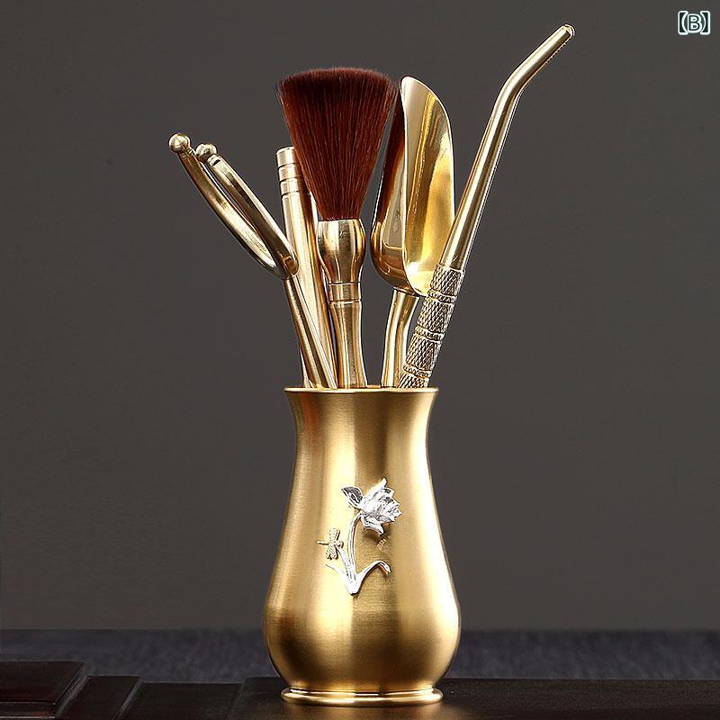 ティーセット　茶道具　茶器 陳高 真鍮 茶道 6 紳士 カンフー 茶器 アクセサリー 銅 象嵌 シルバー ティーナイフ クリップ セット ポット ケア ペン 一式