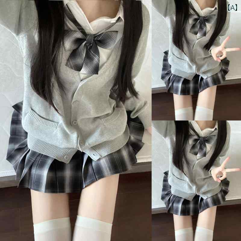 レディース　制服　スーツ ミャオ タイ JK 制服 秋冬 スーツ チェック 柄 スカート 長袖 カーディガン セーター カレッジ スタイル スクール 用品