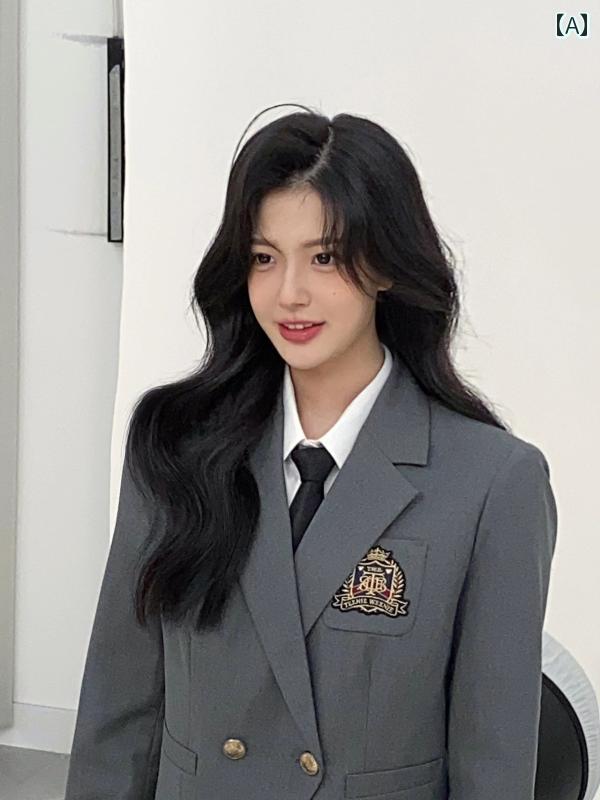 レディース　制服　スーツ 東京 JK 制服 キャメル スーツ ジャケット カレッジ スタイル トップ 写真 スタジオ ID 同じ