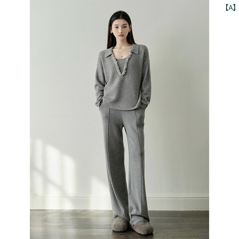 スーツ　ツーピース　レディース そして ChillCozy Quiet Luxury Set 20 Zhongding ウール ビーズ ネック セーター セット｜みやショップ店