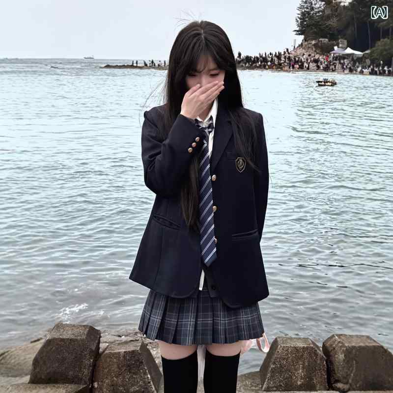 スーツ　ツーピース　レディース JK 制服 スーツ ジャケット 女性 学校 用品 センス ダーク ブルー ニットカーディガン スカート フル セット