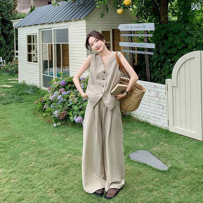 背広 背広 レディース 2025夏の お上さん用 韓国 ゆったり 御前上等 背広 ノースリーブの トップスと 広広とした レッグ ズボン下の 背広