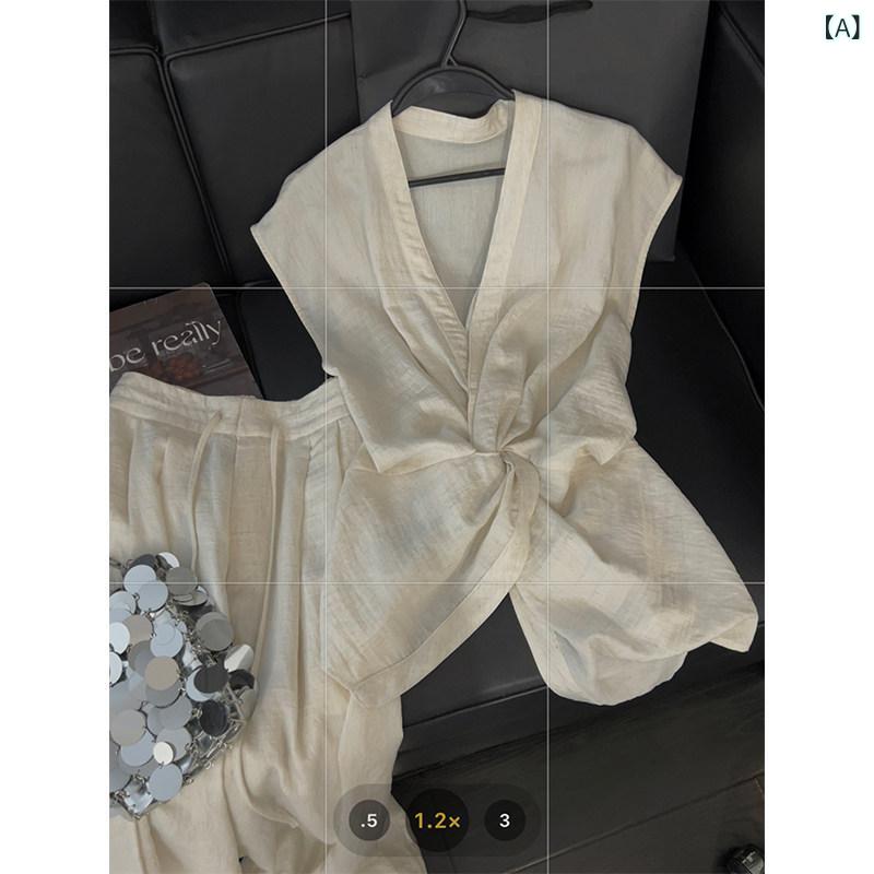 スーツ ツーピース レディース ツイスト スーツ 女性 Vネック スタイル 夏 レジャー ベスト トップ ワイド レッグ パンツ ツーピース|みやショップ店