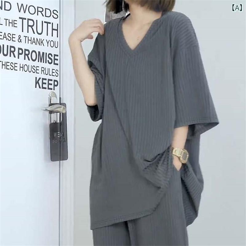 ニット　ツーピース　レディース 大きめ サイズ 太い mmの スレッド 五分袖 トップ パンツ スーツ 女性 Vネック ファッション レジャー な スタイル 夏