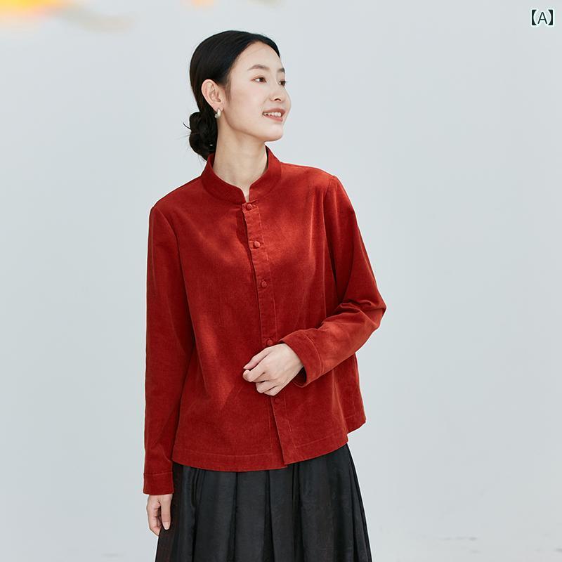 メンズ　カジュアル　ジャケット 【 ザクロの 花が 燃える】 Jixiang Yuer 冬 チャイナ風 綿 コーデュロイ 半袖 シャツ トップス レディース｜みやショップ店