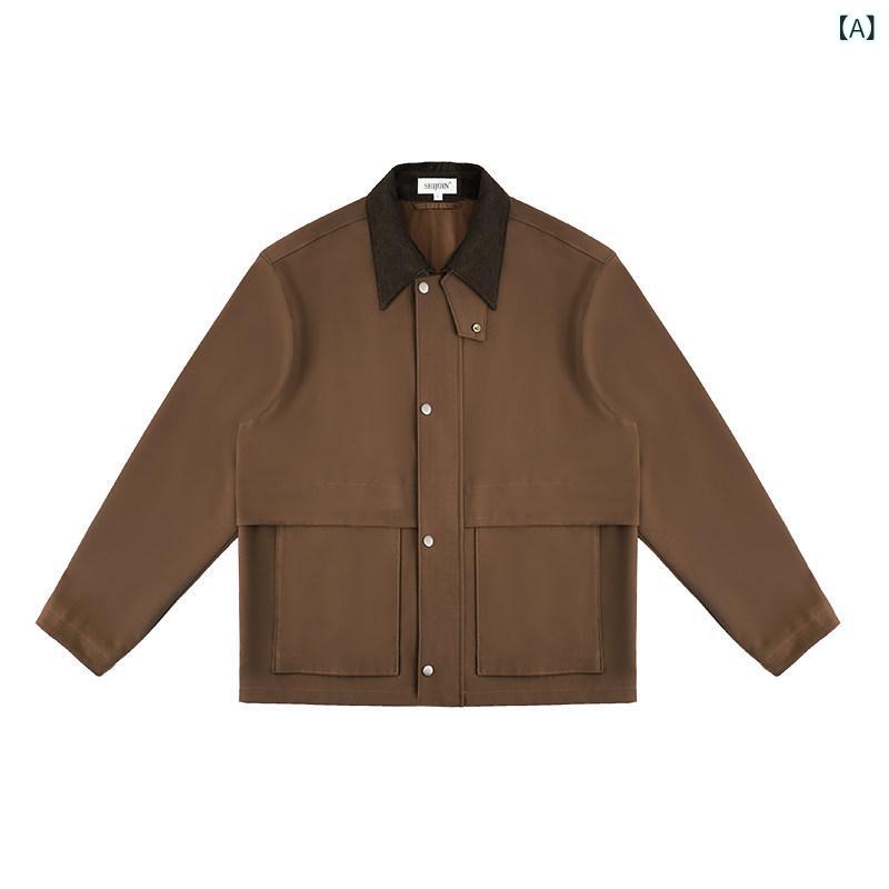 メンズ　カジュアル　ジャケット SHIJOIN ブラウン ワークジャケット コーデュロイ ステッチカラー レトロ ラグランスリーブ メンズ ショート ジャケット 200131