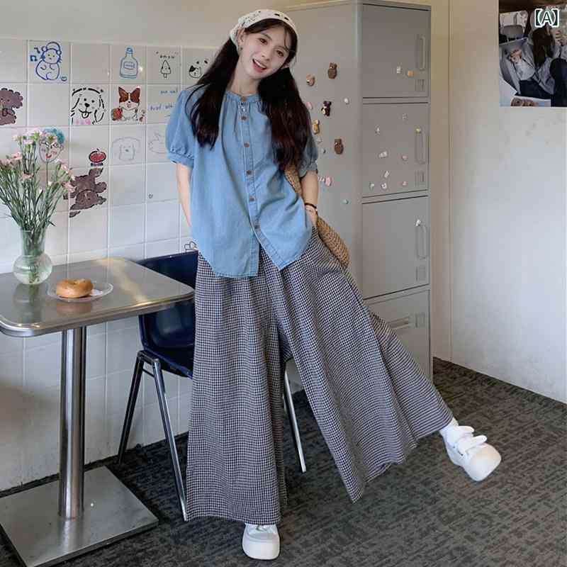ジーンズ 表現スタイル レディース  大きめ 大きさ お上さん服 2025 太め 粍 韓国 分かりやすい レトロ 全能 半袖 ジーンズプルオーバー 読み合わせる 柄 広広とした レッグ ズボン下 背広