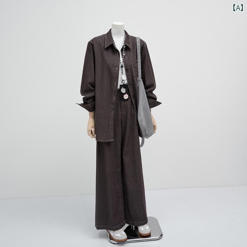 デニム スタイル レディース レトロ ライトブラウンの デニムシャツ ワイド レッグ パンツ スーツ 女性 2025 春 ゆったり カジュアル ツーピース|みやショップ店