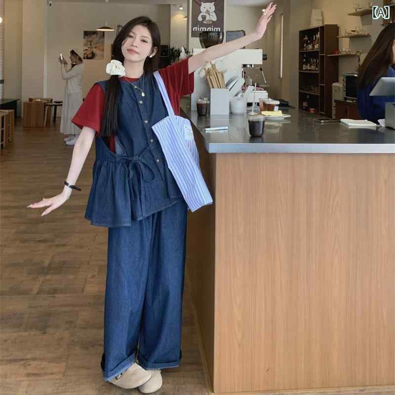 ジーンズ 表現スタイル レディース  大きめ 大きさ お上さん服 2025 春夏 粍 レトロ エイジレス ノースリーブ ジーンズ スピード競技引きあげる もの言う花 お人形さん プルオーバー ズボン下 背広