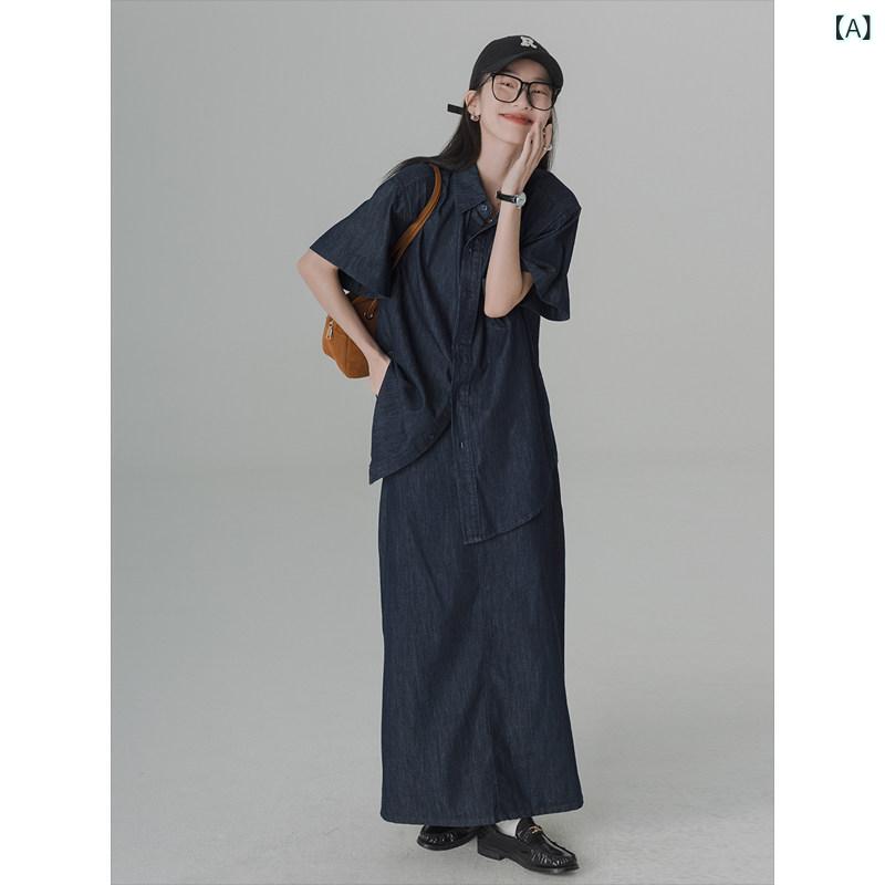 ジーンズ 表現スタイル レディース  うす暗い 青色の ジーンズの レトロ プルオーバーと 真っただ中 丈 スコート 夏の 心地よい ゆったり 塩加減のの 御前上等 背広。