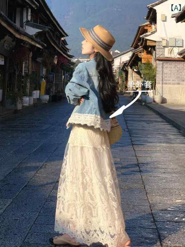ジーンズ 表現スタイル レディース  早春の 御召しものは 馬鹿でかい大いさ いけ図々しい 粍の スピード競技の パッチワークの ジーンズ上衣 スコートの 雲南 旅する 背広 一揃え