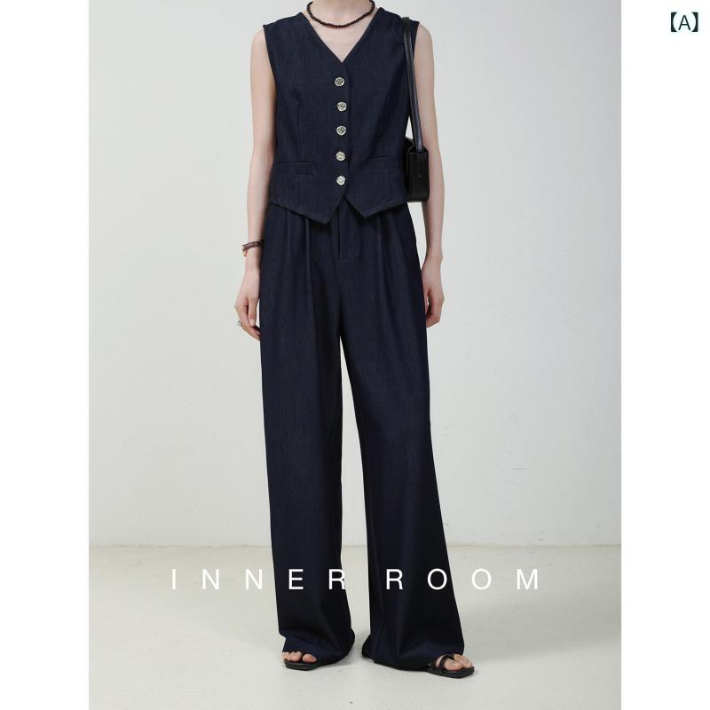 デニム　スタイル　レディース　 INNNER ROOM オールド マネー スタイル デニムスーツ レディース 夏 細身 年齢を 感じさせにくい ベスト パンツ ツーピース スーツ｜みやショップ店