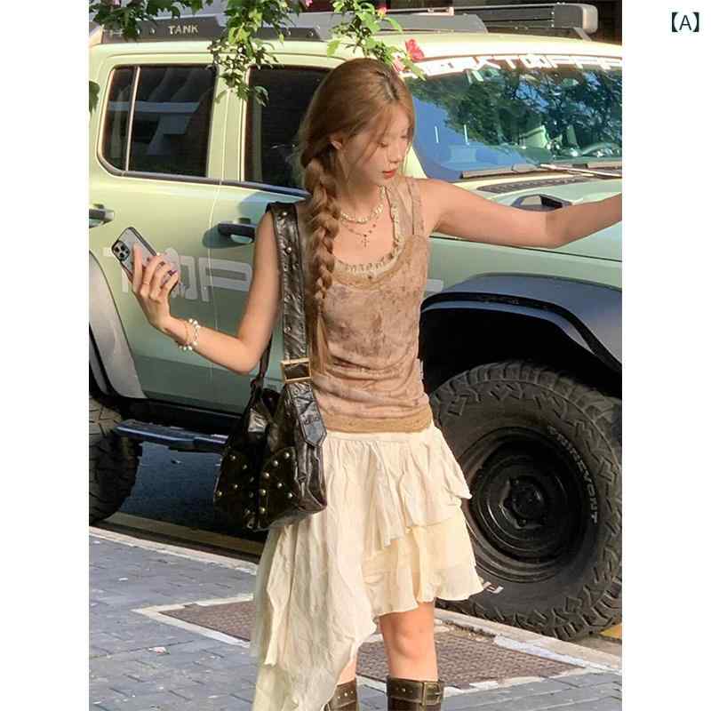 ノースリーブ　インナー　レディース 魅惑的 女の子 レースの ステッチと スマッジ スリムフィットの サスペンダーと ノースリーブの トップスを 備えた 夏の 女性用 アメリカン レトロ ベスト