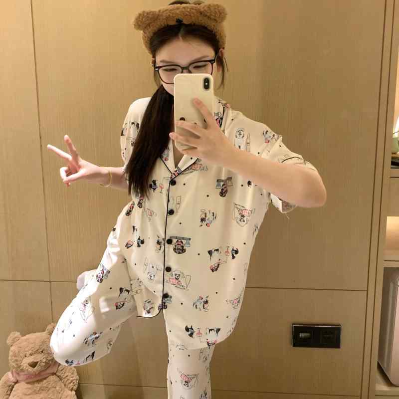 ワイドレッグ　パンツ　レディース かわいい 子犬の パジャマ レディース 夏の 冷感 半袖 カジュアル 女の子 ホーム 服 スーツ 夏 2025