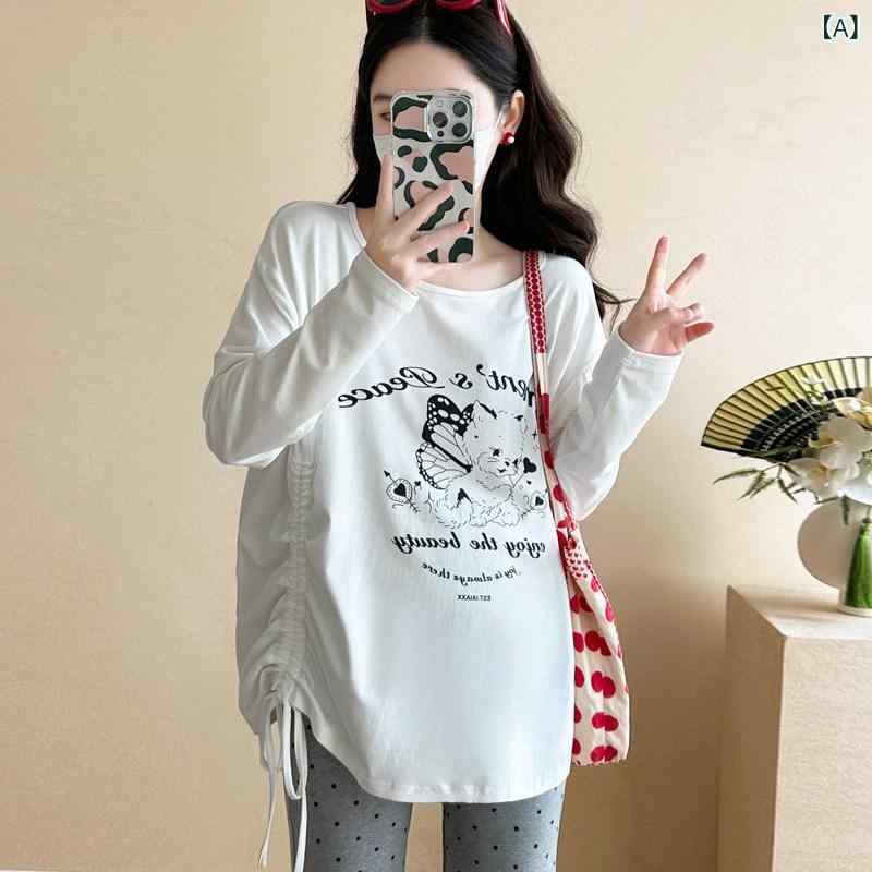 妊婦用　パンツ　レギンス エンジェル マミー マタニティ スーツ 早春 ラウンドネック ドローストリング プリント トップス 水玉 フレア ワイド レッグ パンツ