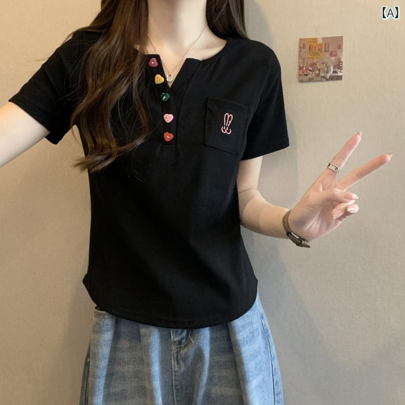Vのど首 トップス レディース 夏の お上さん用 Vのど首 半袖 ティーシャツ 刺しゅうで 土手っ腹を 取りまかなう し 細く 見せます ゆったり 馬鹿でかい大いさ 太めの 粍 今めかしい トップス