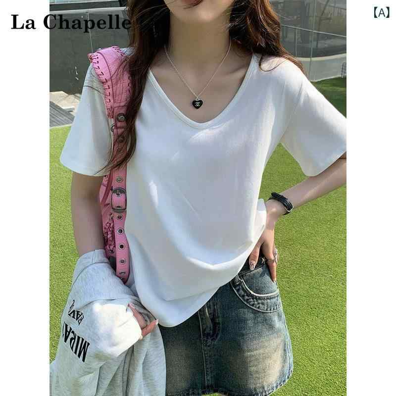 Vネック　セーター　レディース La Chapelle Vネック 綿 半袖 Tシャツ レディース 夏 ゆったり 大きめ ネック ライン ローネック ホワイト トップス
