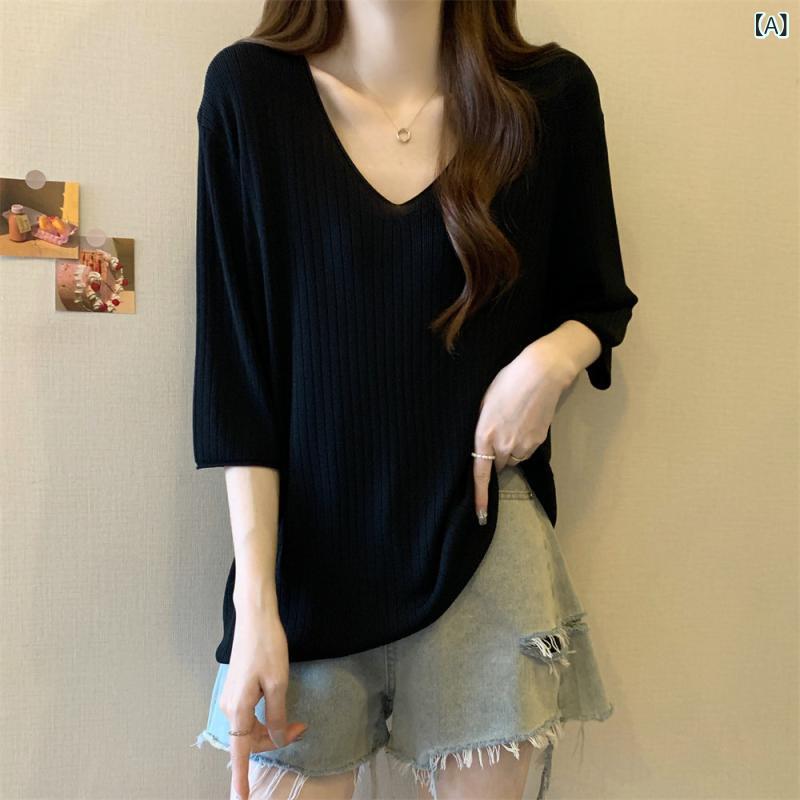 Vネック　トップス　レディース 冷感 ニット セーター Vネック 半袖 大きめ サイズ レディース 夏 脂肪 mm ゆったり スリミング お腹 肉 隠し 七分袖 トップス