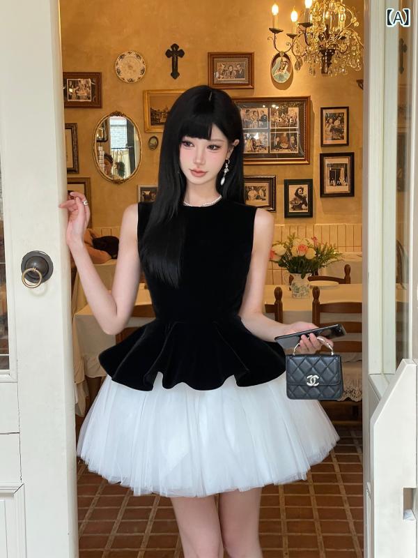 Vのど首 トップス レディース 今なら MOXI 天鵝絨 バレー 天鵝絨 スプライシング バレー スコート / 姫御前 表現スタイル メッシュノースリーブ より良い 御召しもの ドクウツギ スコート