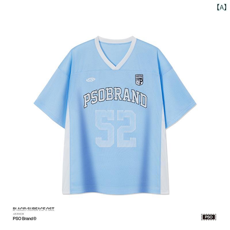 Vネック　シャツ　レディース PSO 155 g ニット メッシュ 52 ロゴ スポーツ スタイル Vネック 半袖 夏 カップル Tシャツ