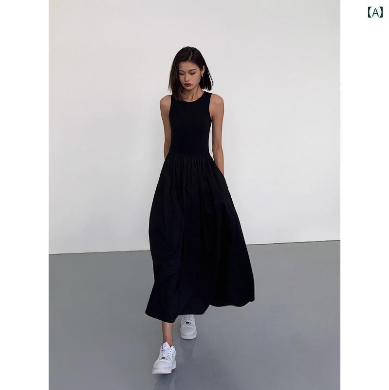 スカート　ドレス　ノースリーブ ousph ブラック ラウンドネック ベスト ニット ドレス 女性 フランス 夏 スリム フィット 大きい スカート ロング 6,943円