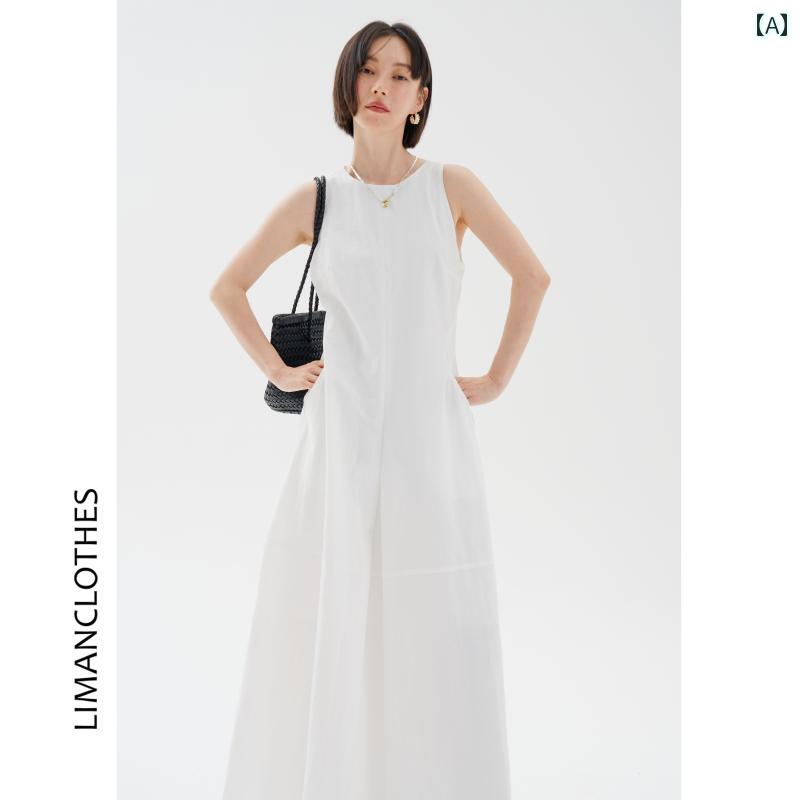 スカート　ドレス　ノースリーブ シンプル 白い ノースリーブの ドレス 女性用 2025夏 フレンチ ラウンドネック スリット ゆったり の ベスト ロング スカート