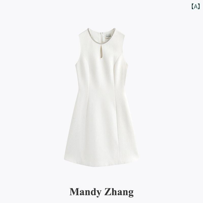 ワンピース　ドレス　おしゃれ MandyZhang Qianjinfeng ラインストーン ホワイト エレガント ベスト ドレス レディース 夏の ノースリーブドレス スカート