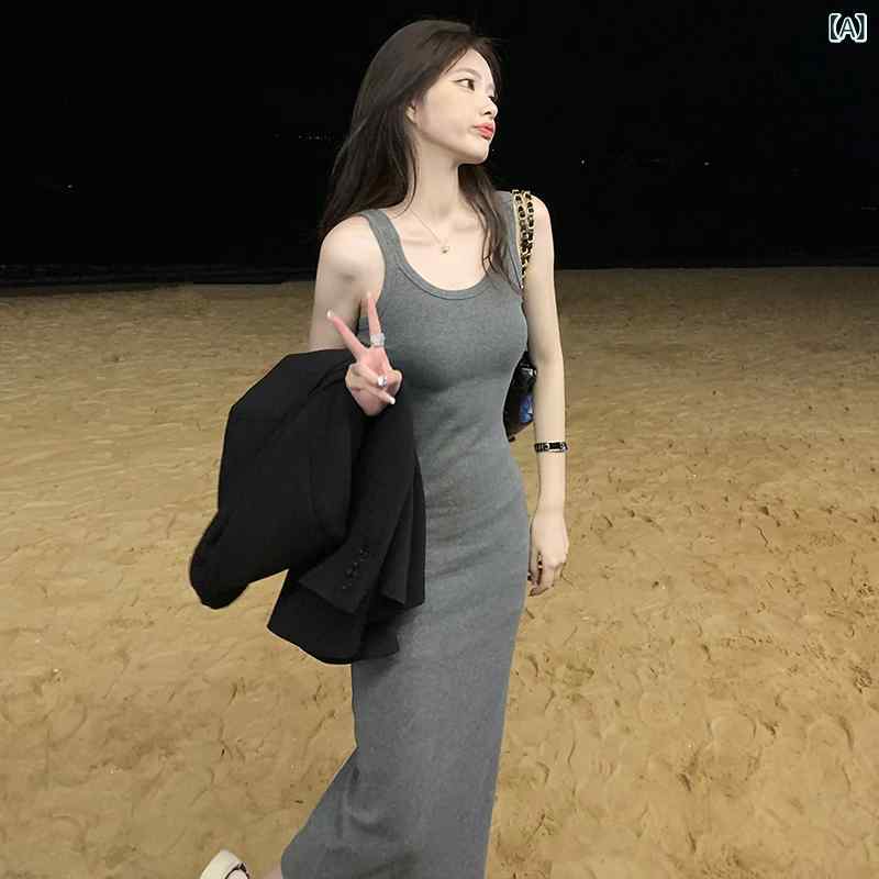 ワンピース ドレス おしゃれ U ネック ベスト ドレス 女性用 2025夏 インナーウェア ウエスト 痩せ デザイア スタイル ホット ガール ヒップ ロング スカート
