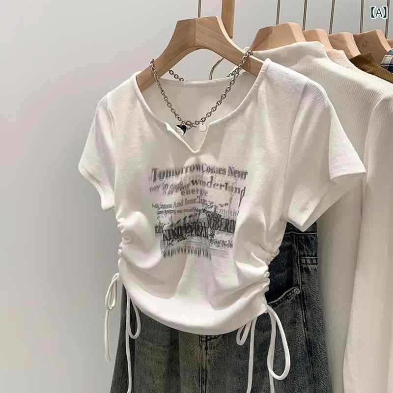 レディース　トップス　カジュアル 2025夏 レディース ホワイト Vネック ストレート ショルダー 半袖 Tシャツ アメリカン ドローストリング プリーツ スリムフィット ショート トップ 4,671円