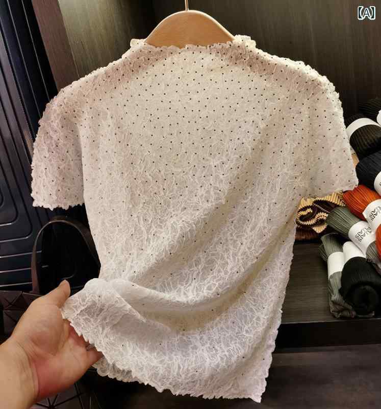 レディース　スカート　カジュアル クラシック スタイル ~ 夏の レディース ホット ラインストーン プリーツ 半袖 Tシャツ トップス ファッション スタンドカラー レイヤリング シャツ