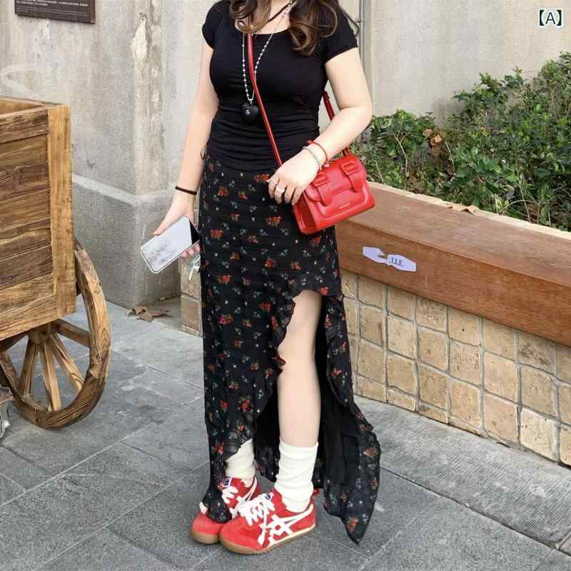 スカート　レディース　花柄 春夏 黒い 花柄 スカート 太めの mm 大きめ サイズ フレンチ ティーブレイク 不規則な フリル ハイウエスト